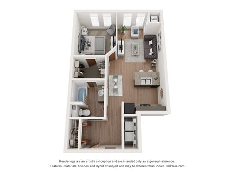Floor plan for 1 bed, 1 bath, 711 sqft